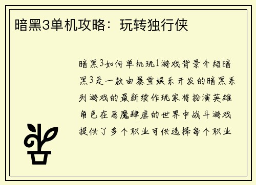 暗黑3单机攻略:玩转独行侠
