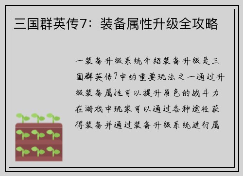 三国群英传7:装备属性升级全攻略