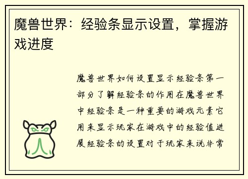 魔兽世界：经验条显示设置，掌握游戏进度